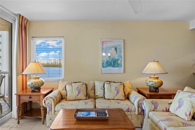 living room featuring light tile patterned floors