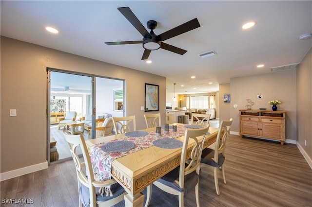 dining area featuring ceiling fan and dark wood-type flooring