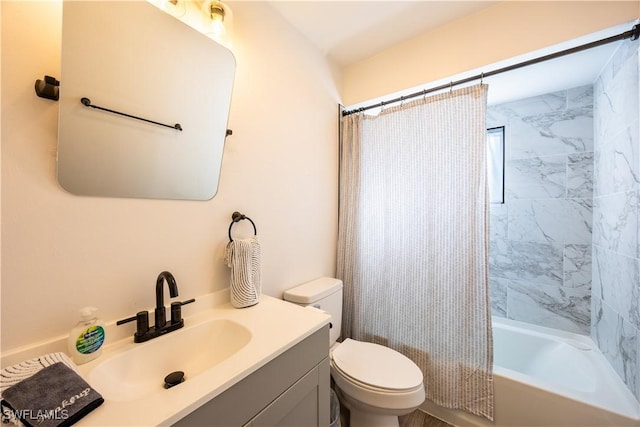 full bathroom featuring vanity, toilet, and shower / bathtub combination with curtain