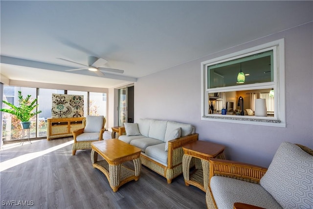 living room with ceiling fan and wood-type flooring