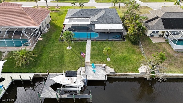 aerial view featuring a water view