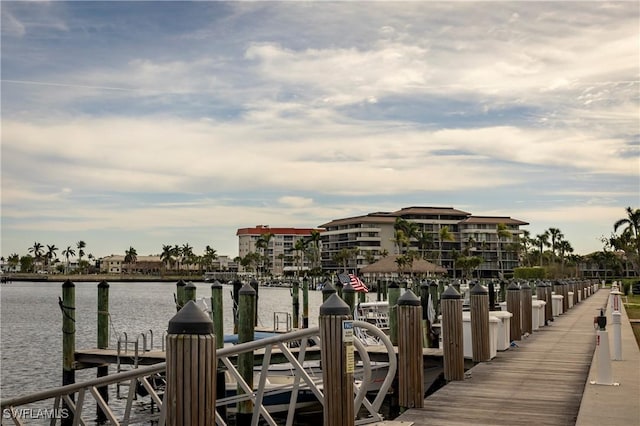 view of dock with a water view