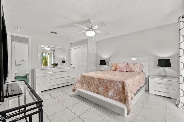 bedroom featuring a ceiling fan, visible vents, a closet, and a textured ceiling