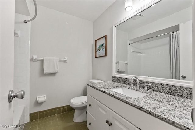 bathroom featuring tile patterned flooring, visible vents, baseboards, toilet, and vanity