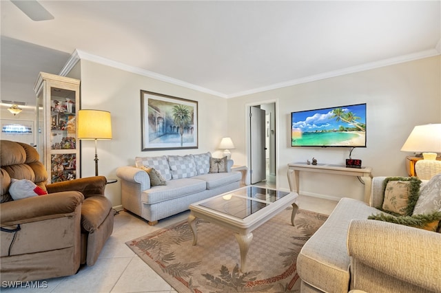 living room featuring light tile patterned flooring and ornamental molding