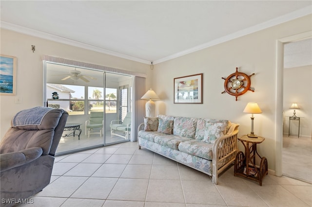 tiled living room featuring ceiling fan and ornamental molding