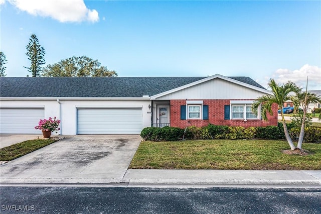 single story home featuring a front yard and a garage