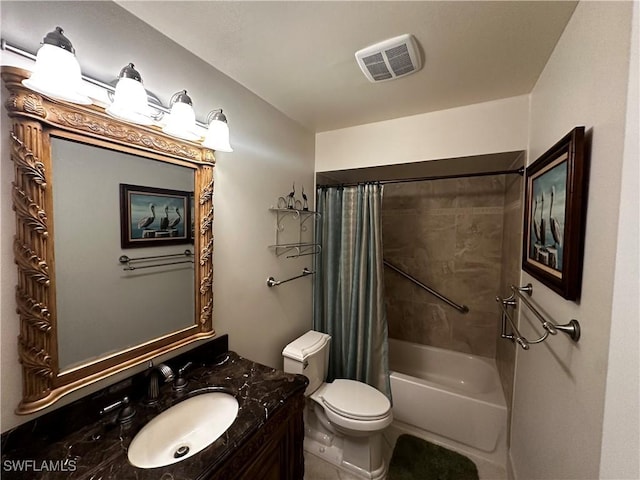 full bathroom featuring toilet, vanity, and shower / bathtub combination with curtain