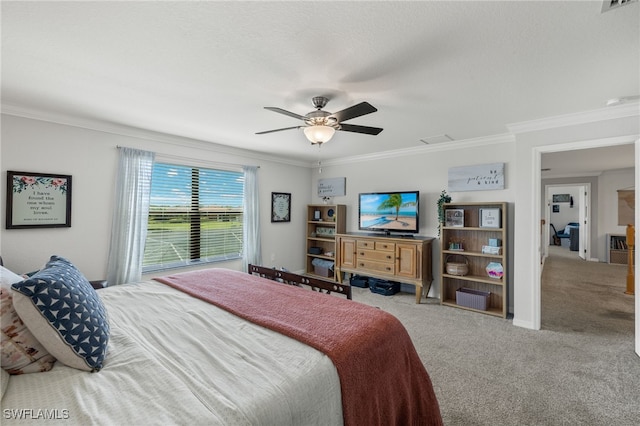 bedroom featuring ceiling fan, light colored carpet, and ornamental molding