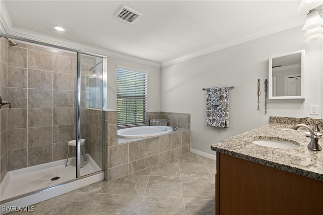 bathroom featuring separate shower and tub, tile patterned flooring, vanity, and ornamental molding