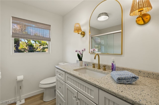 bathroom featuring hardwood / wood-style floors, vanity, toilet, and walk in shower