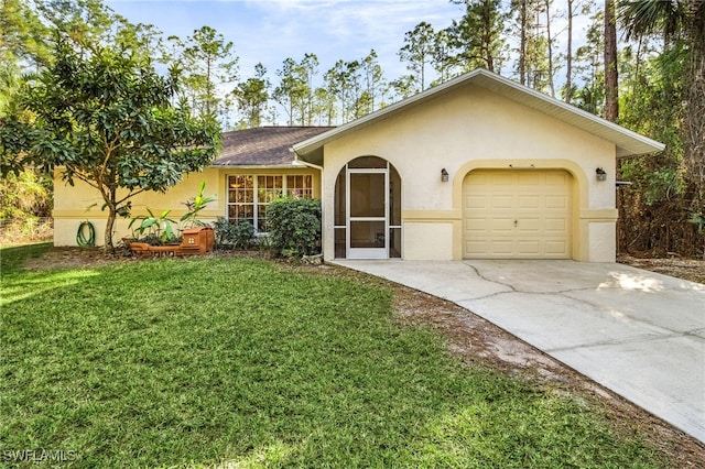 ranch-style house with a front lawn and a garage