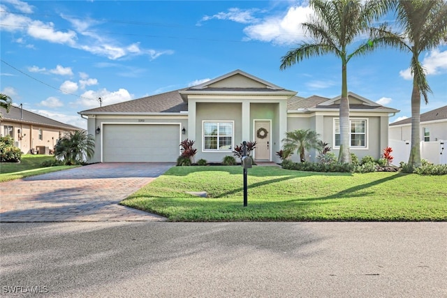 ranch-style house with a garage and a front lawn