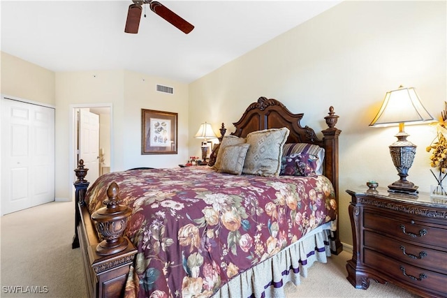 bedroom featuring carpet, visible vents, and ceiling fan