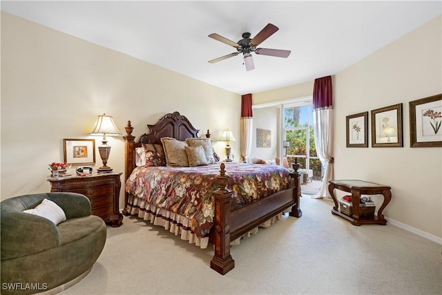 bedroom featuring baseboards, access to outside, ceiling fan, and light colored carpet