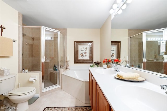 bathroom featuring a garden tub, tile patterned flooring, a sink, and a shower stall