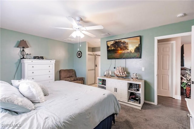 carpeted bedroom with ceiling fan