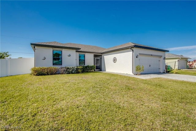 single story home with a garage and a front lawn