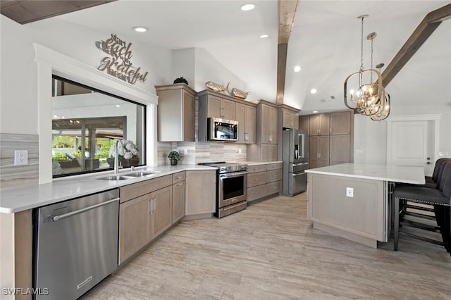 kitchen with a center island, sink, decorative backsplash, stainless steel appliances, and a chandelier