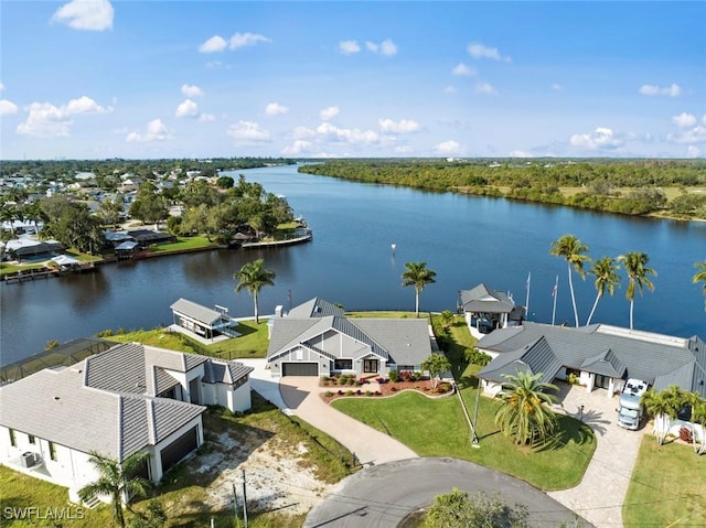 drone / aerial view featuring a water view