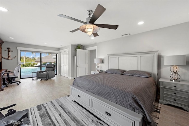 bedroom with access to exterior, ceiling fan, and light wood-type flooring