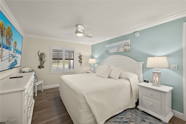 bedroom featuring dark hardwood / wood-style flooring, ceiling fan, and crown molding