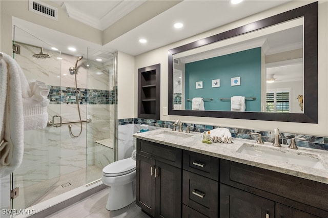 bathroom with ceiling fan, walk in shower, toilet, vanity, and ornamental molding