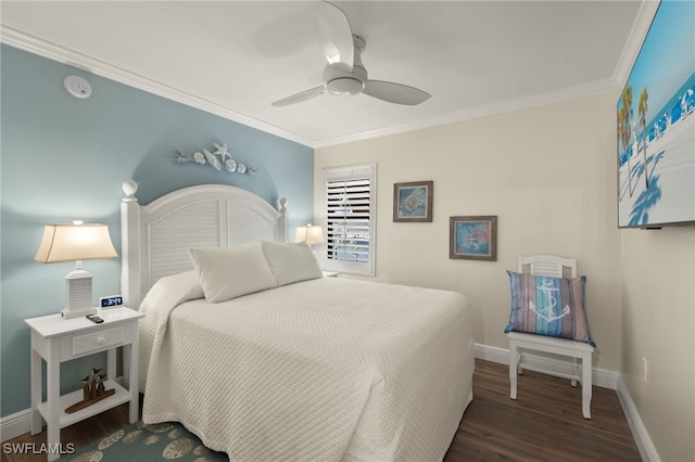 bedroom featuring dark hardwood / wood-style floors, ceiling fan, and ornamental molding