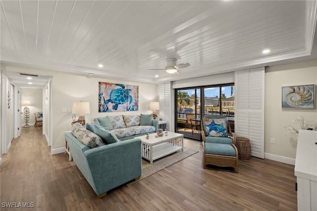 living room featuring ceiling fan, wood ceiling, and hardwood / wood-style flooring