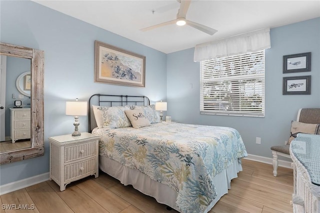 bedroom with ceiling fan and light wood-type flooring