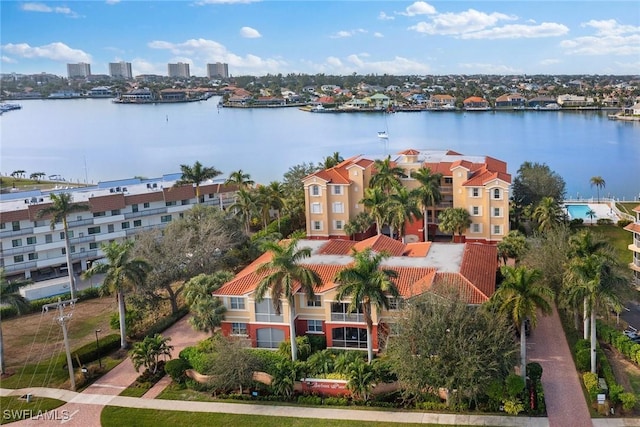 drone / aerial view with a water view