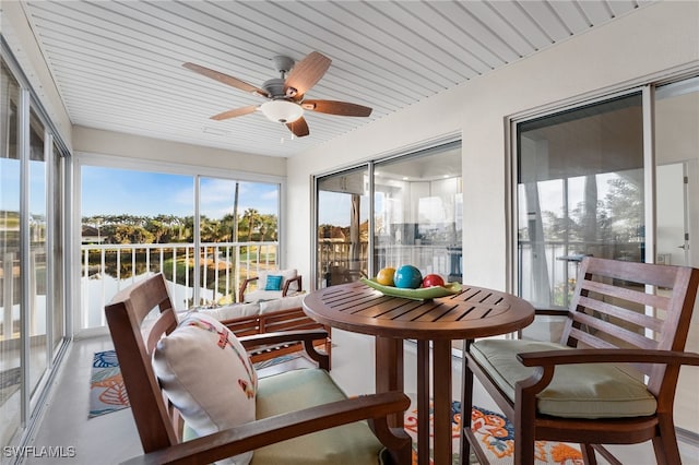 sunroom featuring ceiling fan and wooden ceiling