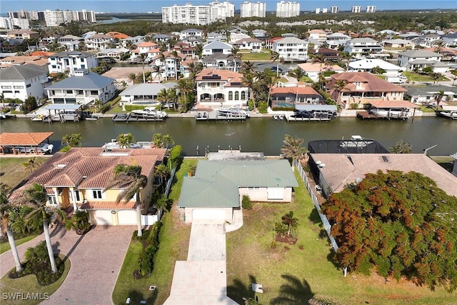 drone / aerial view featuring a water view