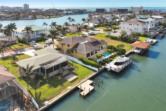 aerial view featuring a water view