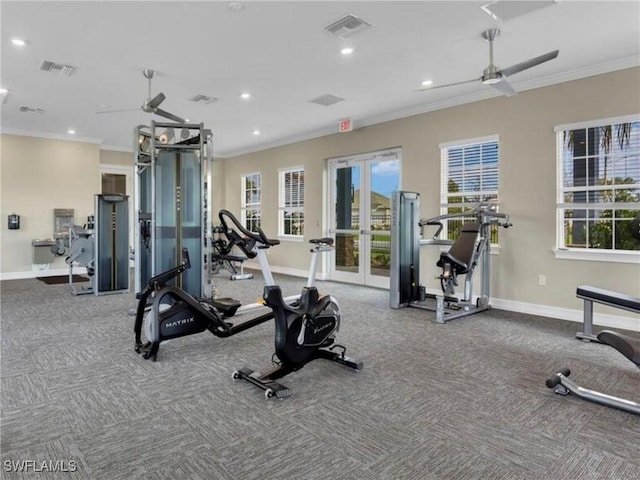 gym featuring crown molding, ceiling fan, carpet flooring, and french doors