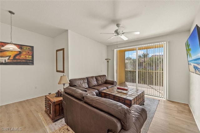 living room with ceiling fan and light hardwood / wood-style flooring