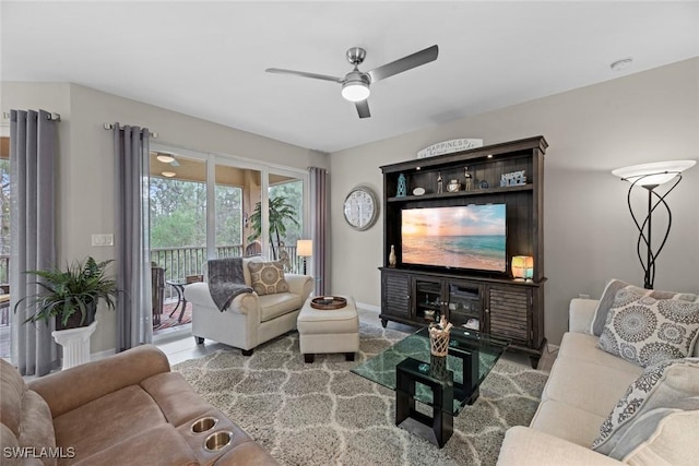 living room featuring ceiling fan