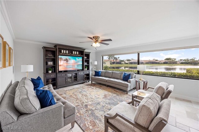 living room featuring ceiling fan and ornamental molding