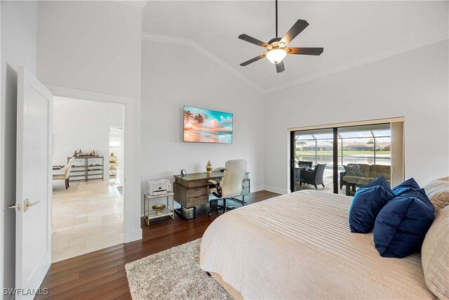 bedroom featuring high vaulted ceiling, access to outside, crown molding, ceiling fan, and dark hardwood / wood-style floors