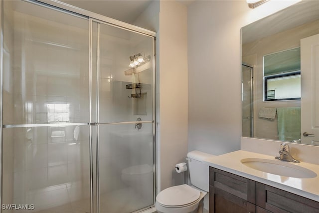 bathroom featuring vanity, toilet, and a shower with door