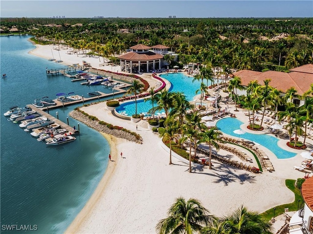 drone / aerial view with a water view