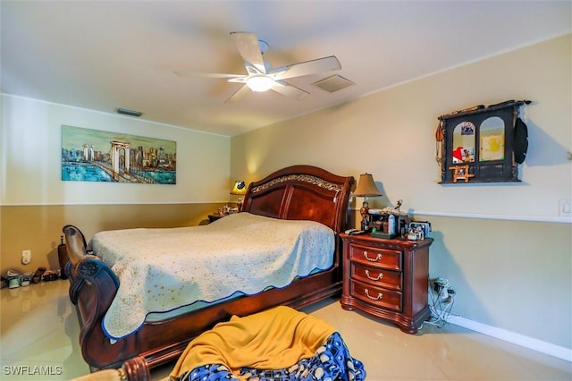 tiled bedroom featuring ceiling fan