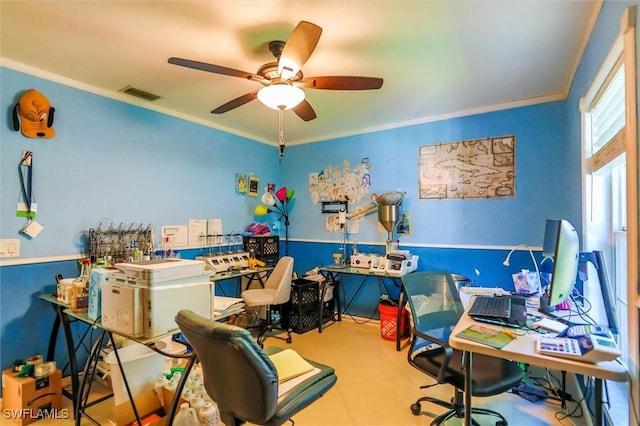 office area featuring crown molding and ceiling fan