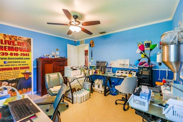 office area with ceiling fan and crown molding