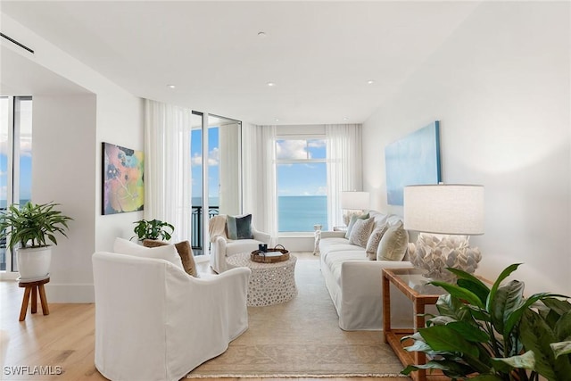 living room featuring a water view and light wood-type flooring