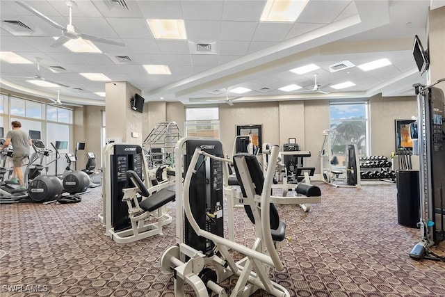 exercise room featuring carpet flooring, a paneled ceiling, and ceiling fan