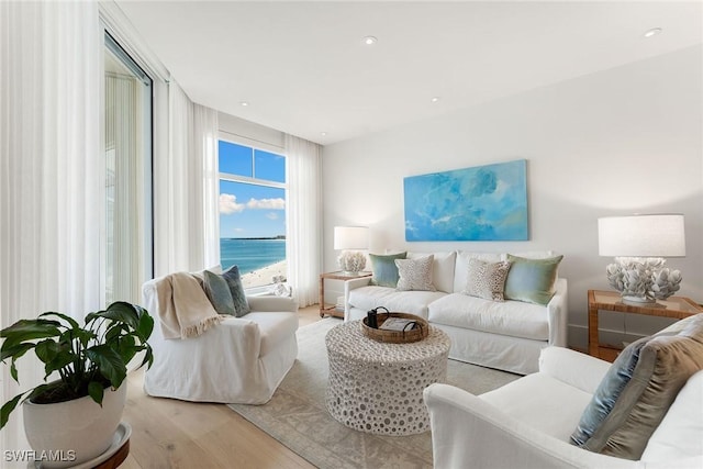 living room featuring light wood-type flooring and a water view