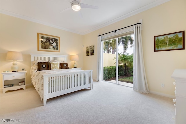 bedroom featuring ceiling fan, access to exterior, light carpet, and crown molding