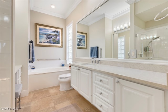 full bathroom with a wealth of natural light, toilet, vanity, and ornamental molding