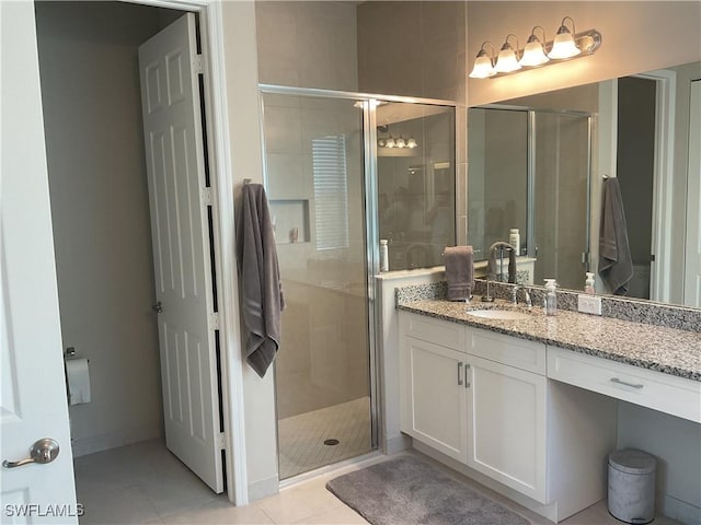 bathroom with tile patterned floors, vanity, and an enclosed shower